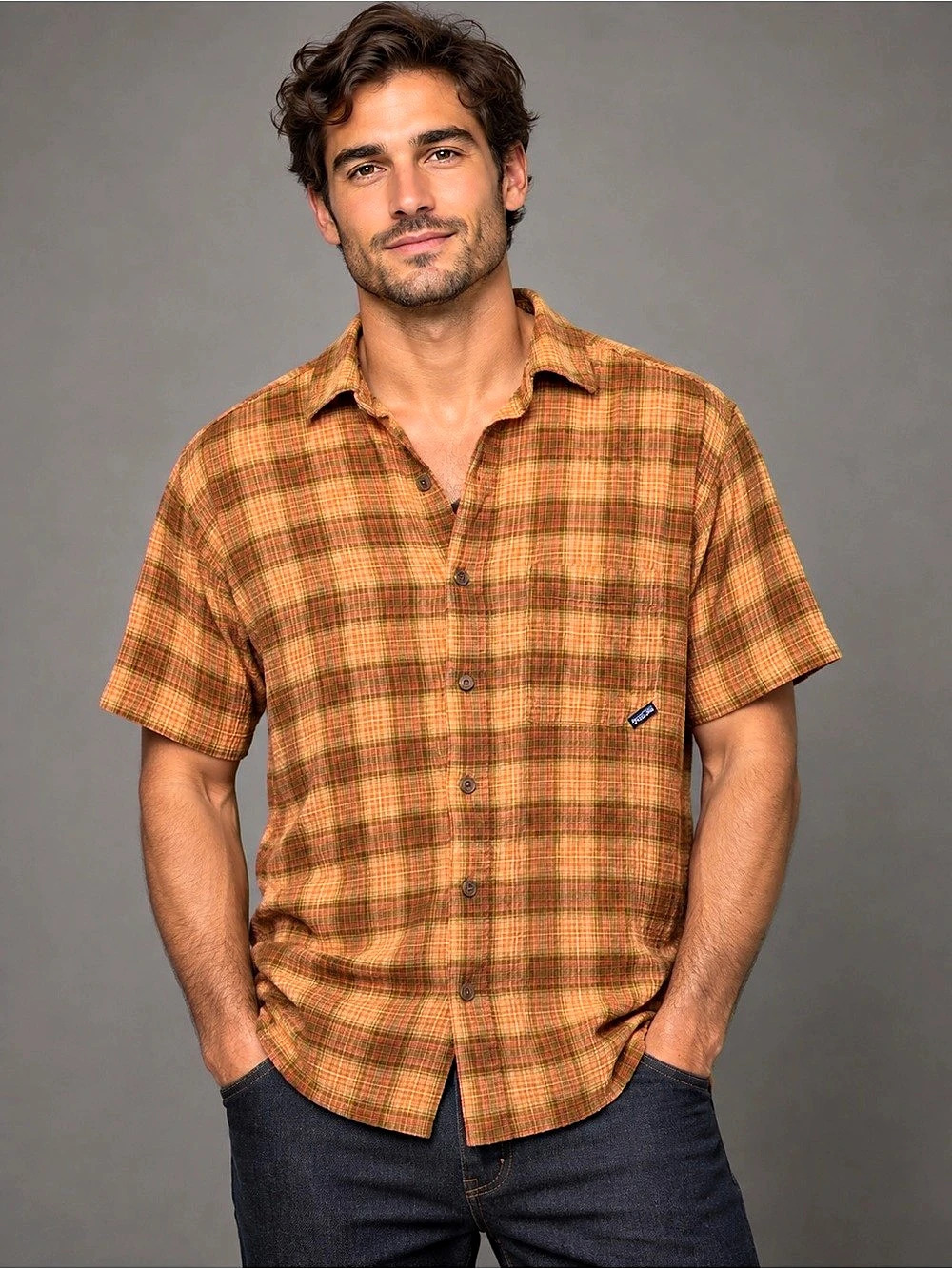 Patagonia A/C Shirt Men’s S Orange Plaid Organic Cotton Short Sleeve